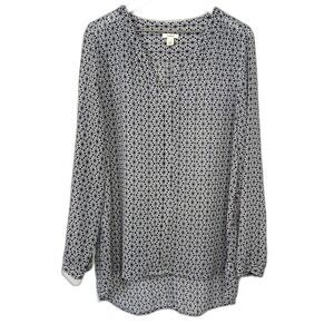 Caslon Geometric Pattern Popover Blouse Womens Large Blue Semi-Sheer V-Neck Top